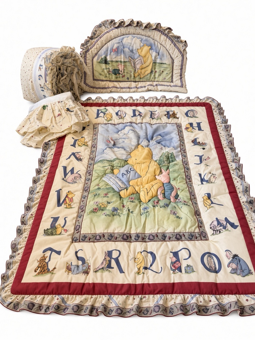 VTG 1996 Red Calliope Classic Pooh ABC 7pc Bedding Quilt Bumper Diaper Rack